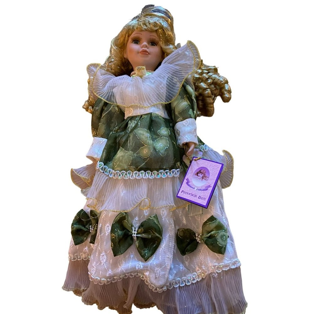 16 inch Goldenvale Collection Blonde Porcelain doll Claire, Green Dress Christma